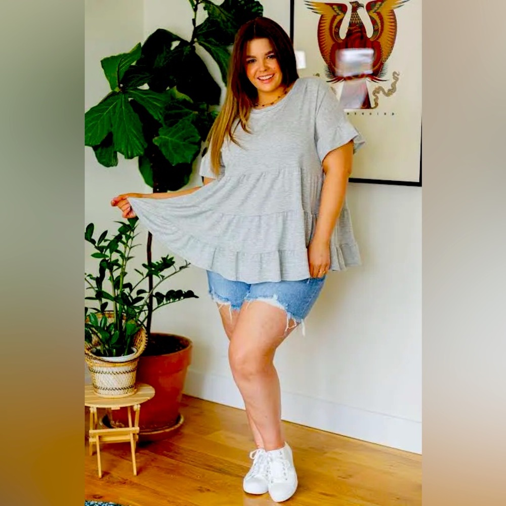 Tiered Babydoll Top with Ruffled Sleeves in dark  Gray